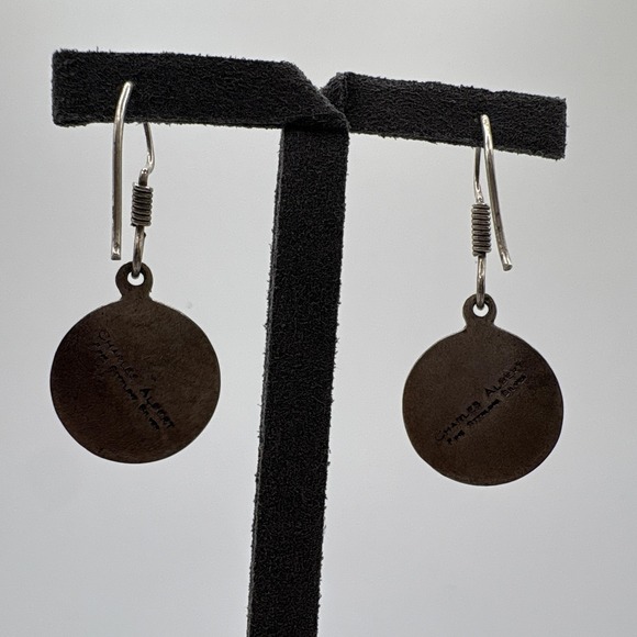 Charles Albert Sterling Silver Black Cabochon Round Dangle Earrings Hook 0.62in - Picture 3 of 8